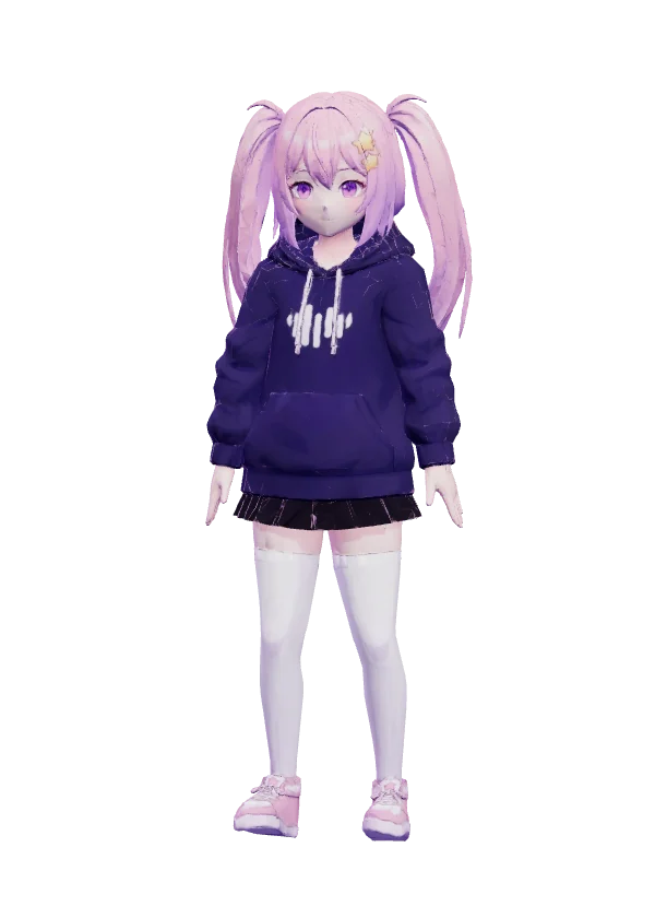 Hoshi, an anime girl with pink twin tails and a dark hoodie with the Hoshidub logo