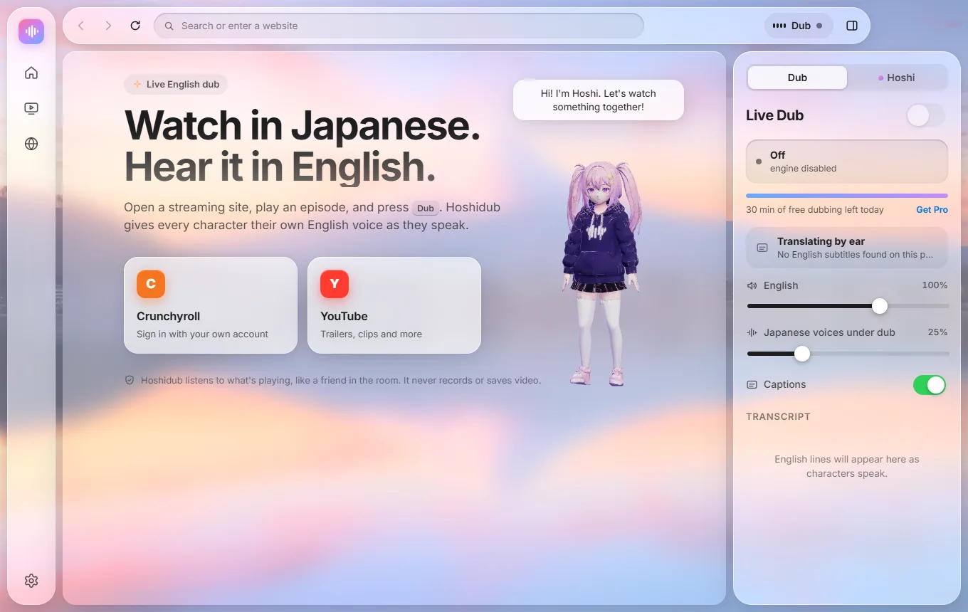 The Hoshidub app: a browser with a streaming home screen, Hoshi standing beside it, and the Dub panel on the right